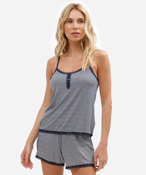 pijama short doll feminino de viscose listrado azul