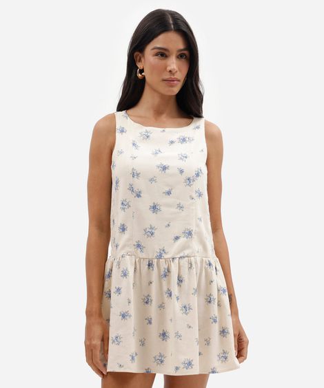 vestido curto feminino com recorte e linho floral off white