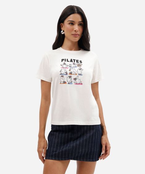 camiseta feminina de algodão manga curta estampada básica off white