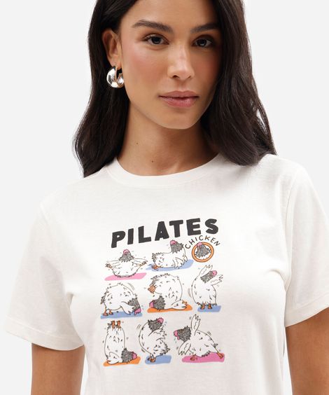 camiseta feminina de algodão manga curta estampada básica off white