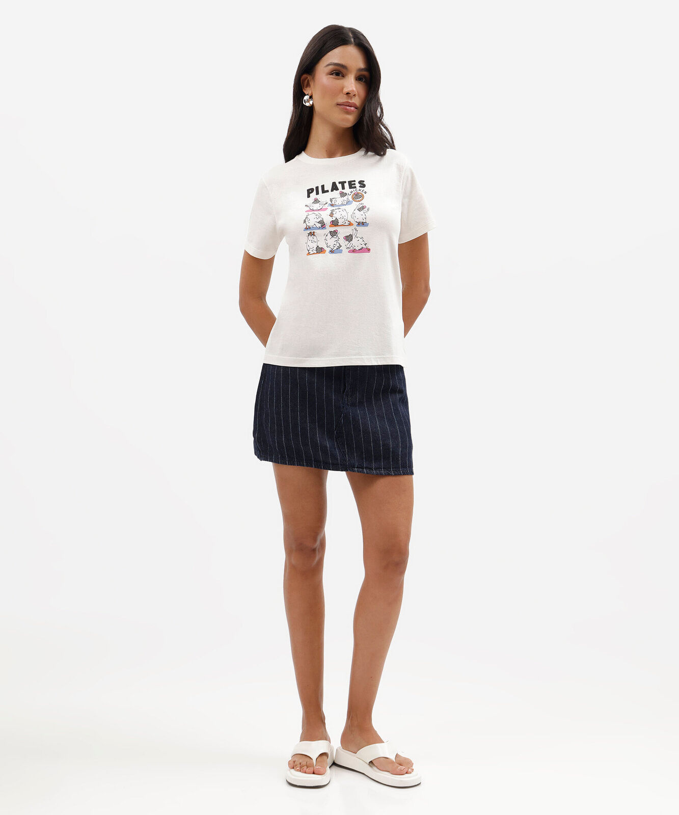 camiseta feminina de algodão manga curta estampada básica off white