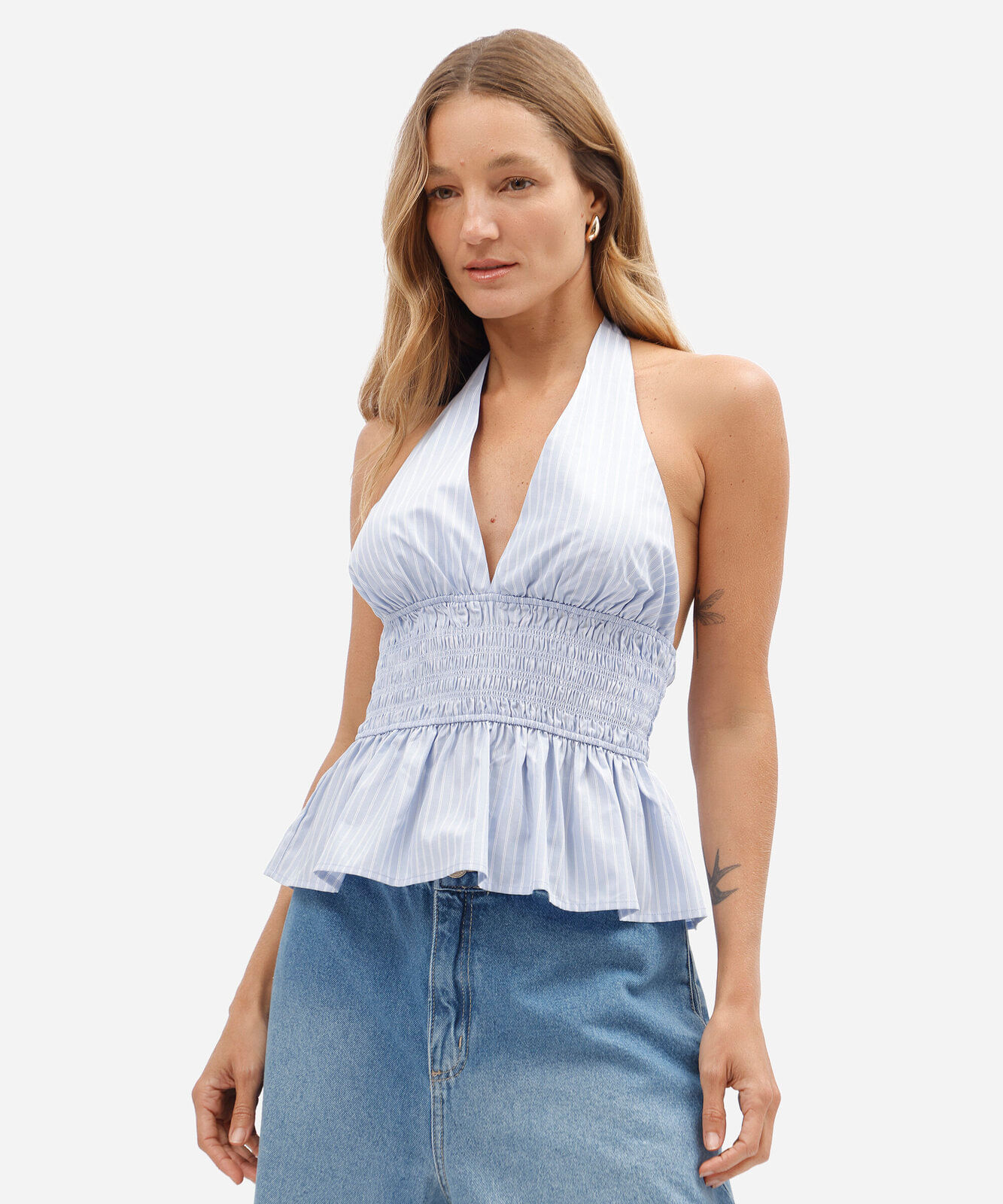 blusa peplum feminina de algodão frente única listrada azul