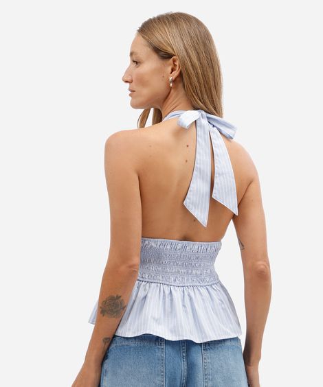 blusa peplum feminina de algodão frente única listrada azul