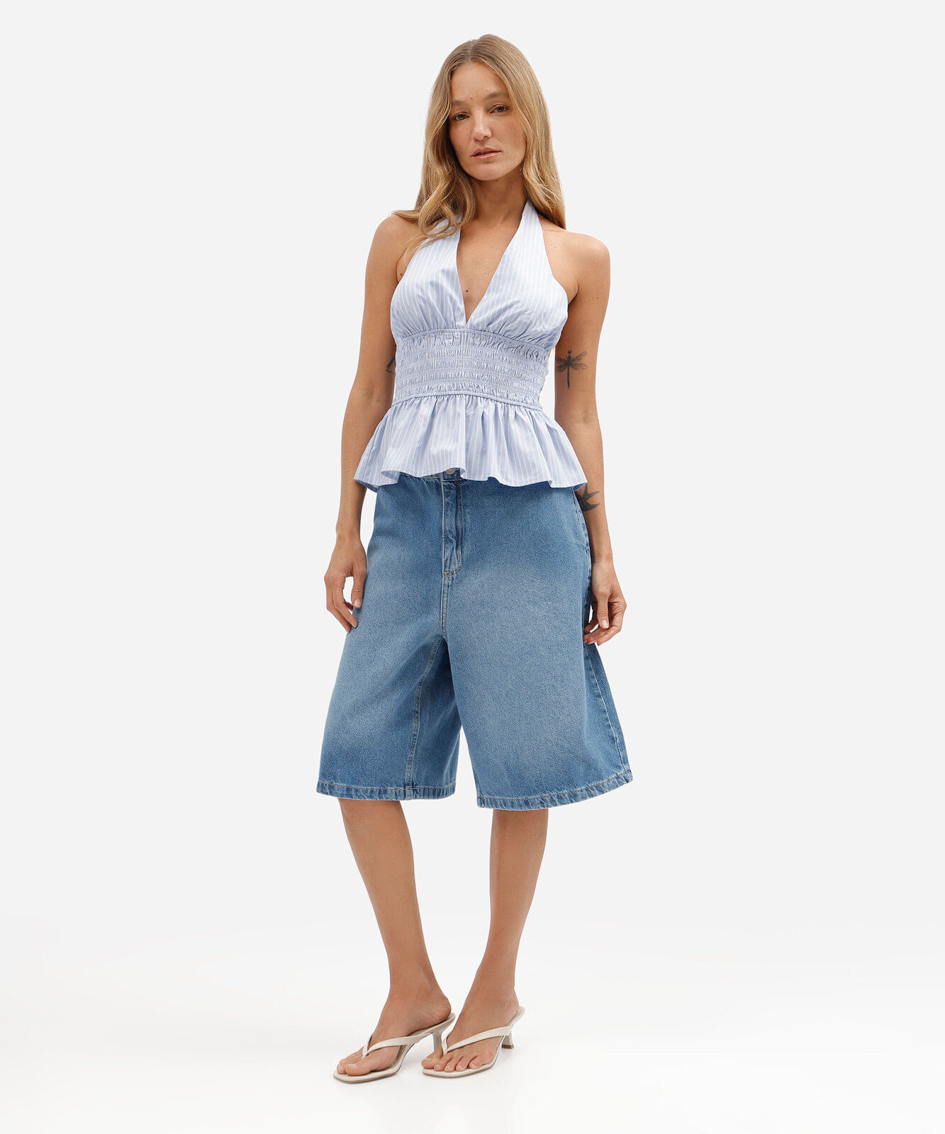 blusa peplum feminina de algodão frente única listrada azul