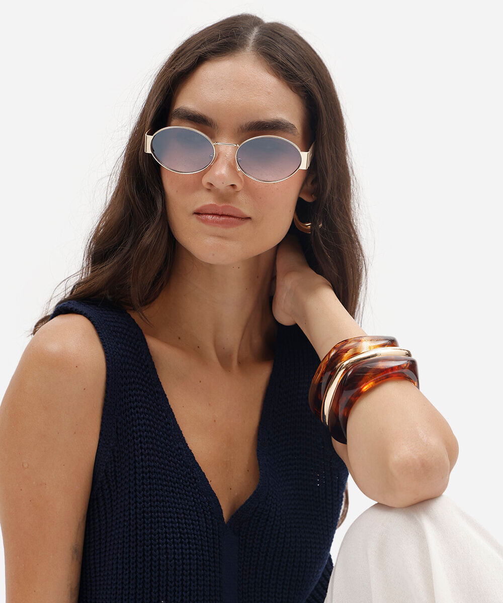 óculos de sol feminino redondo de metal triton dourado