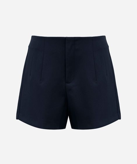 short feminino de alfaiataria com pregas cintura alta azul