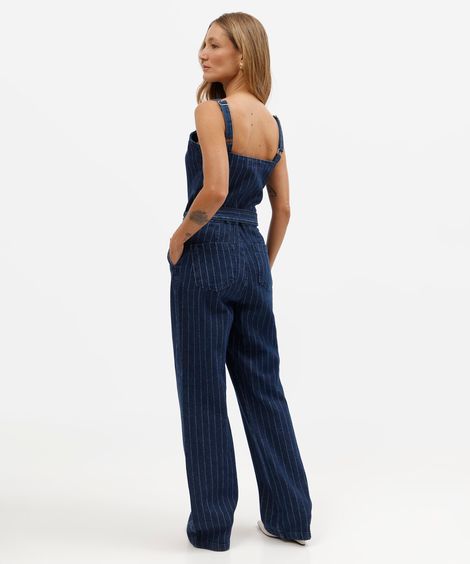 macacão feminino jeans risca de giz com faixa azul