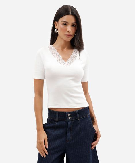 blusa feminina de algodão decote v com renda manga curta canelada off white