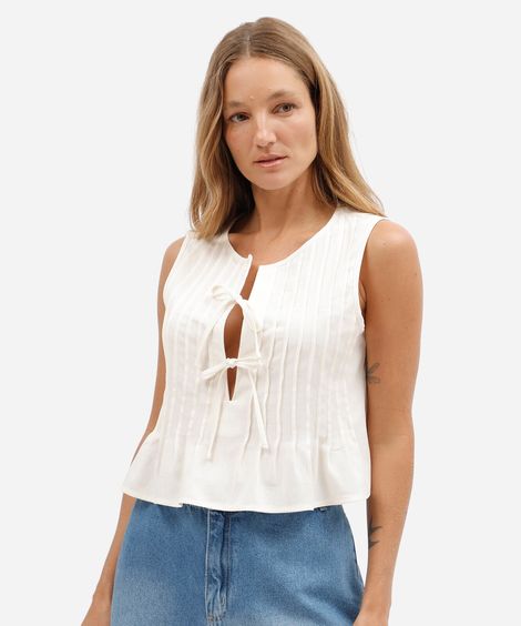 blusa feminina com linho pregas e amarração off white