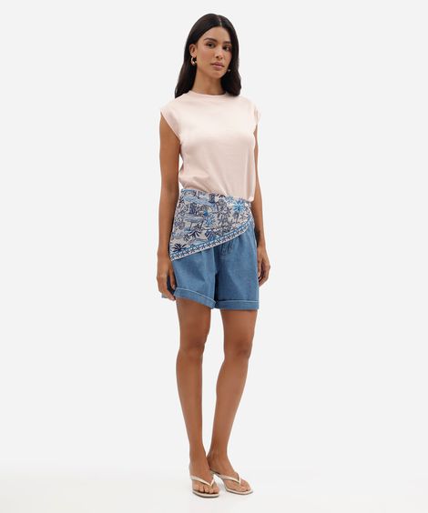 bermuda feminina jeans cintura alta com lenço azul