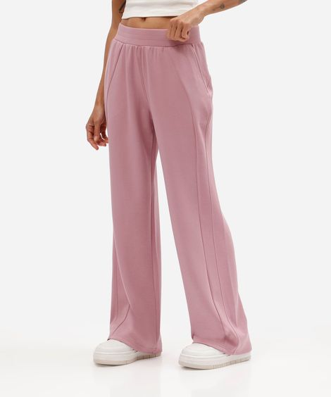 calça reta feminina com viscose e recortes cós elástico scuba básica rosa