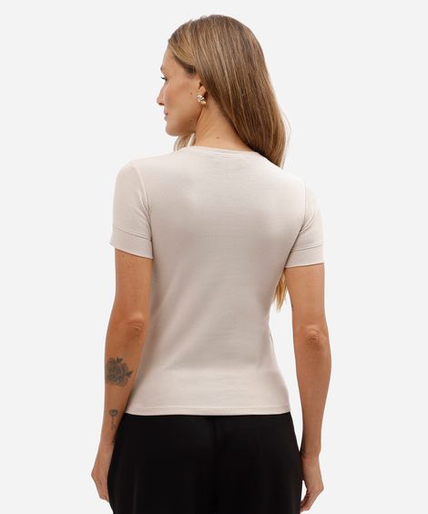 blusa baby look feminina de algodão manga curta básica bege