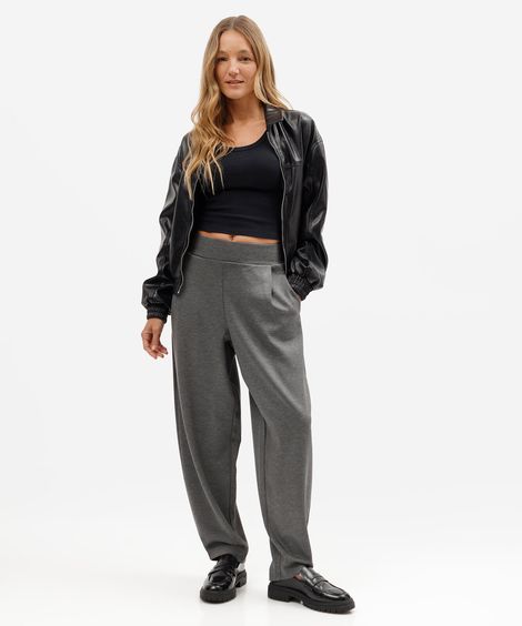 calça balloon feminina com viscose e pregas scuba básica cinza