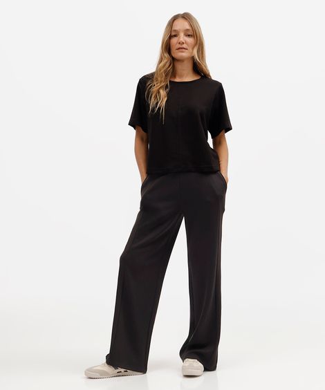 calça reta feminina com viscose e recortes cós elástico básica scuba preta