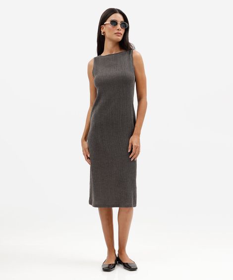 vestido midi feminino texturizado básico cinza