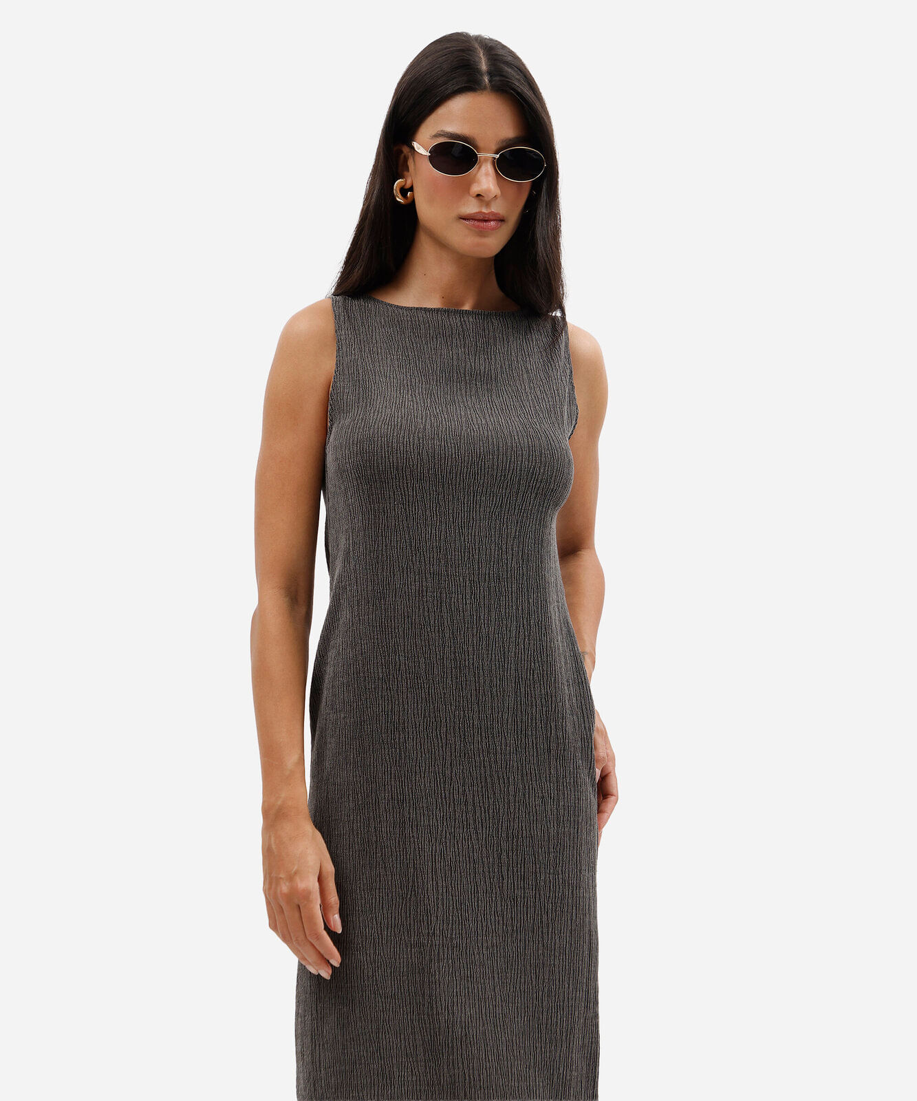 vestido midi feminino texturizado básico cinza