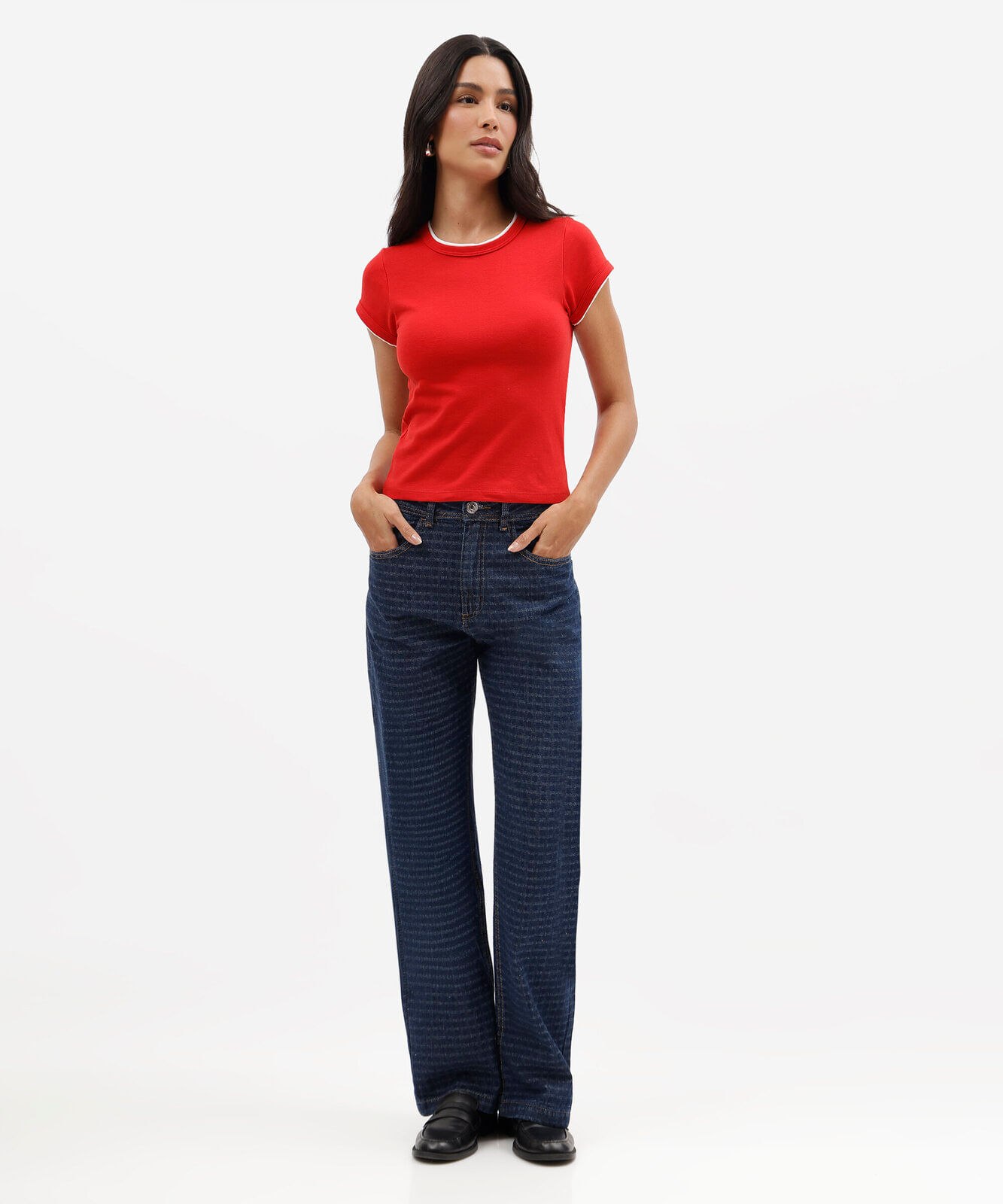 calça wide leg slim feminina jeans cintura alta texturizada azul