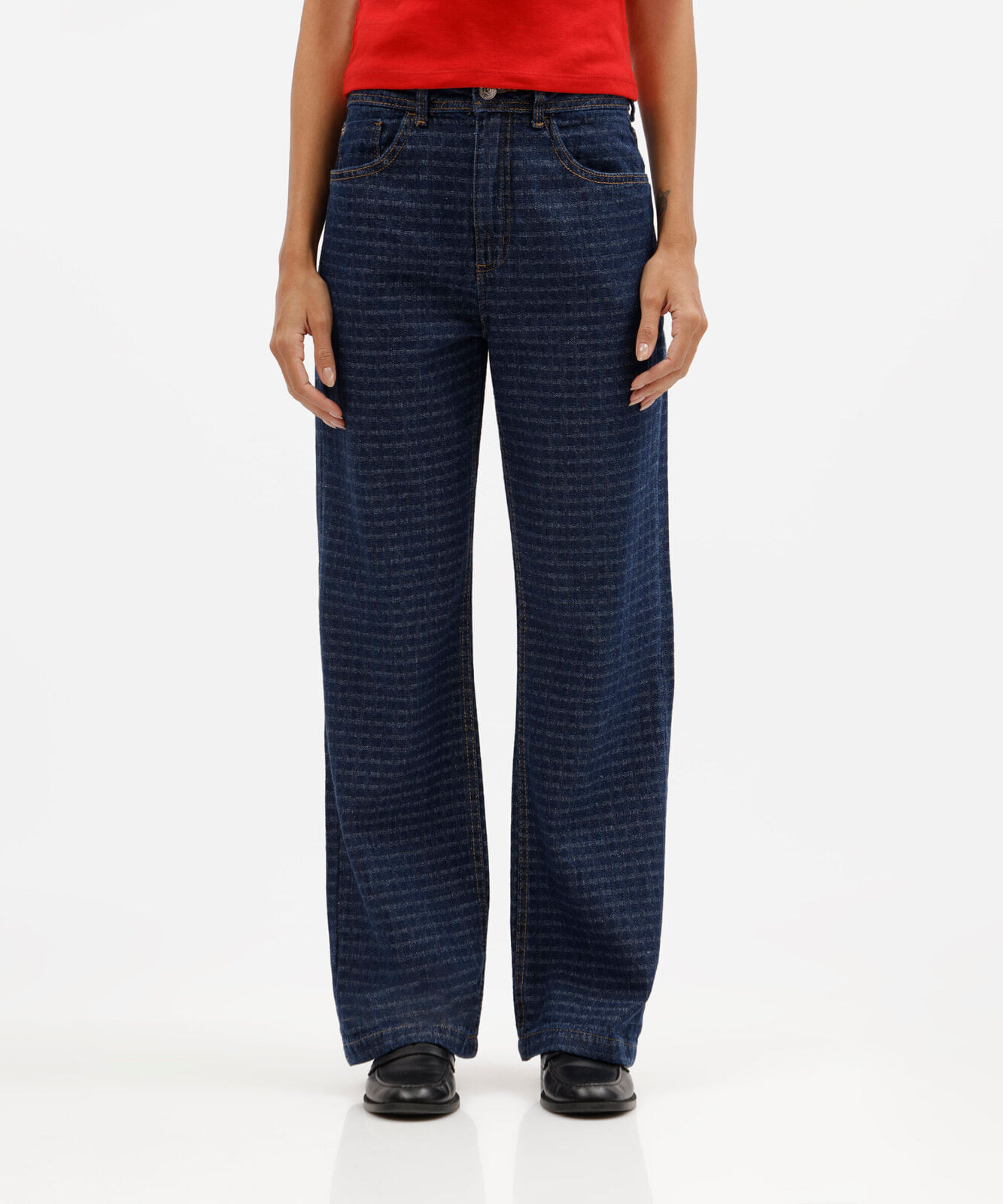 calça wide leg slim feminina jeans cintura alta texturizada azul