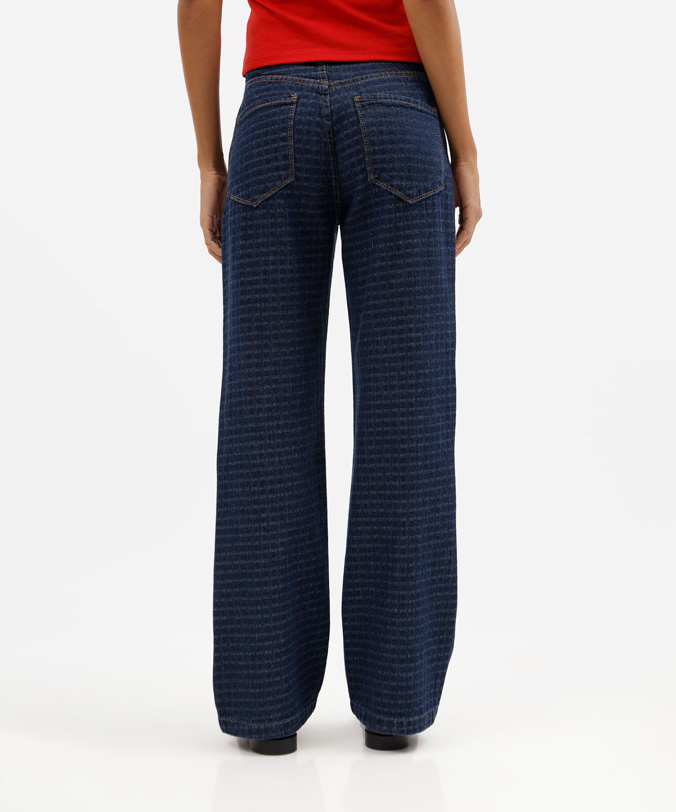 calça wide leg slim feminina jeans cintura alta texturizada azul