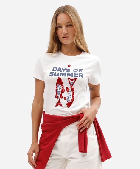 camiseta feminina de algodão manga curta estampada básica off white