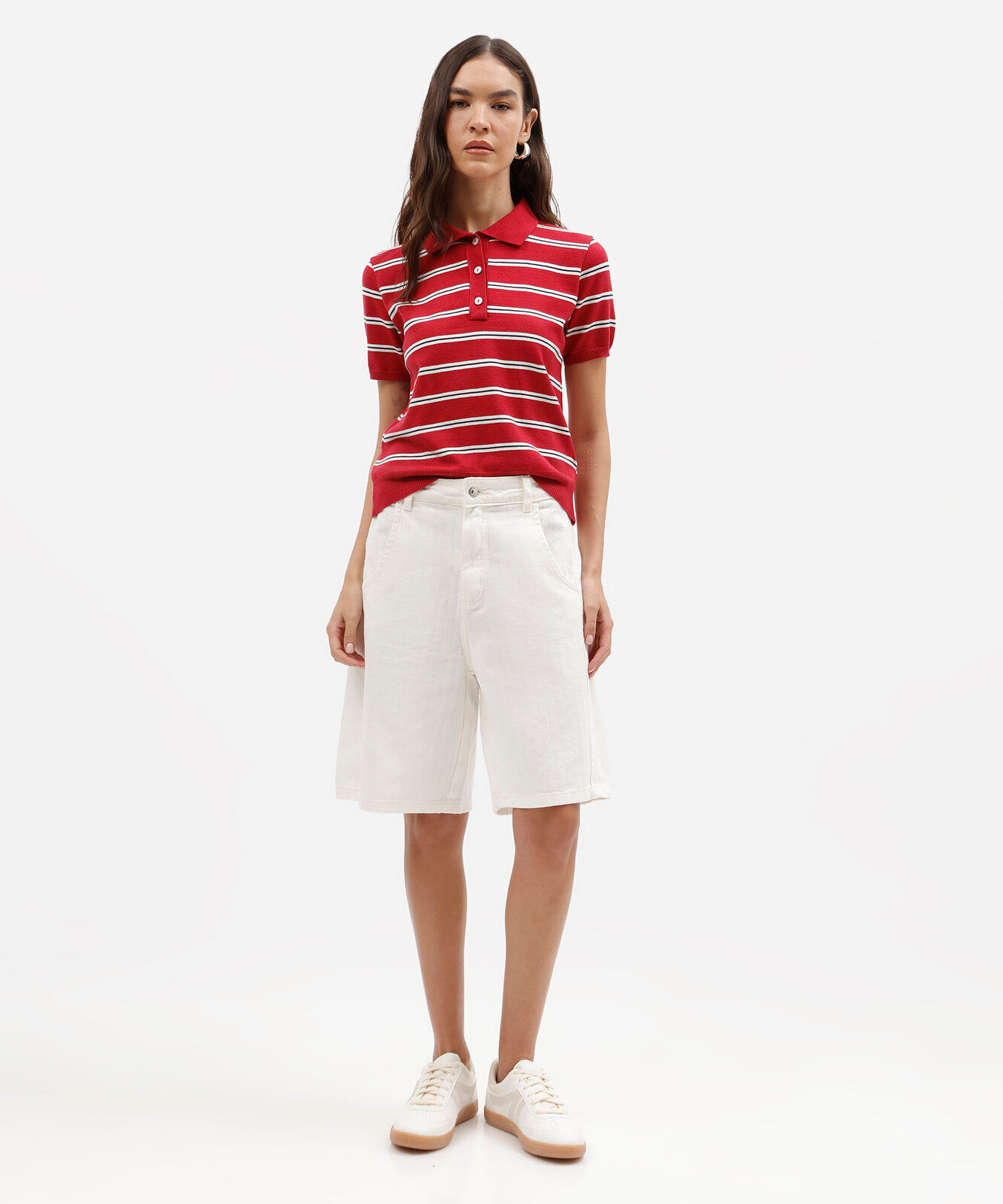 bermuda feminina de sarja cintura média texturizada off white