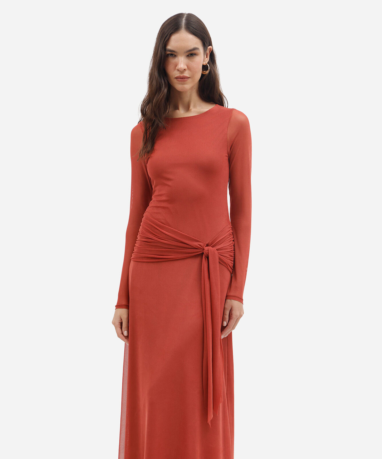 vestido longo feminino de tule manga longa com amarração laranja