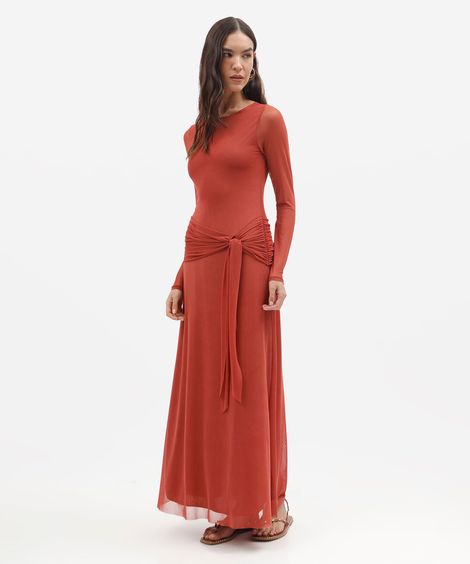 vestido longo feminino de tule manga longa com amarração laranja