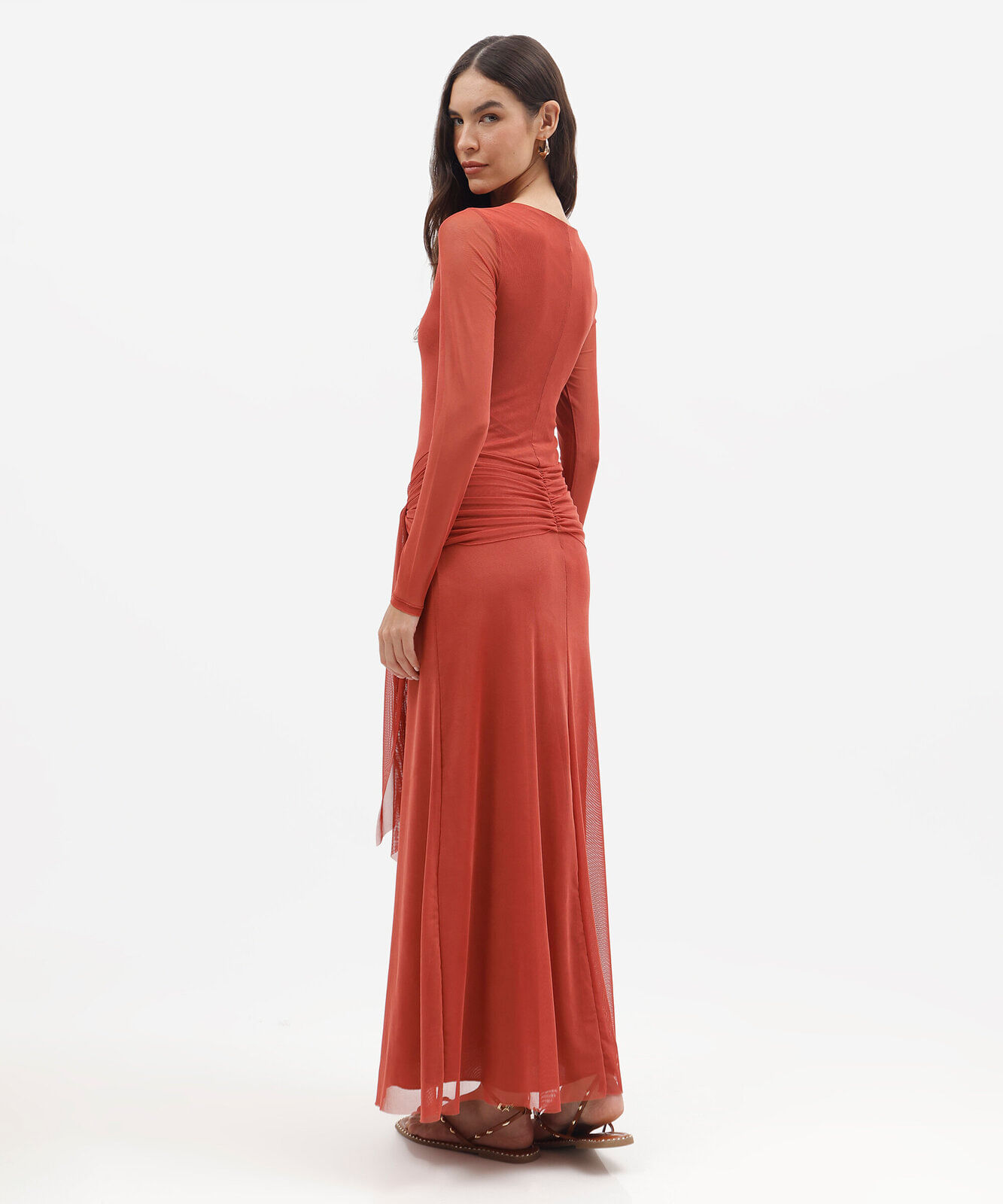 vestido longo feminino de tule manga longa com amarração laranja