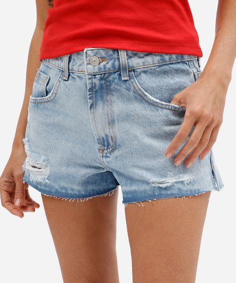 short curto feminino jeans cintura média destroyed azul