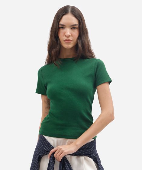blusa feminina de algodão canelada manga curta verde