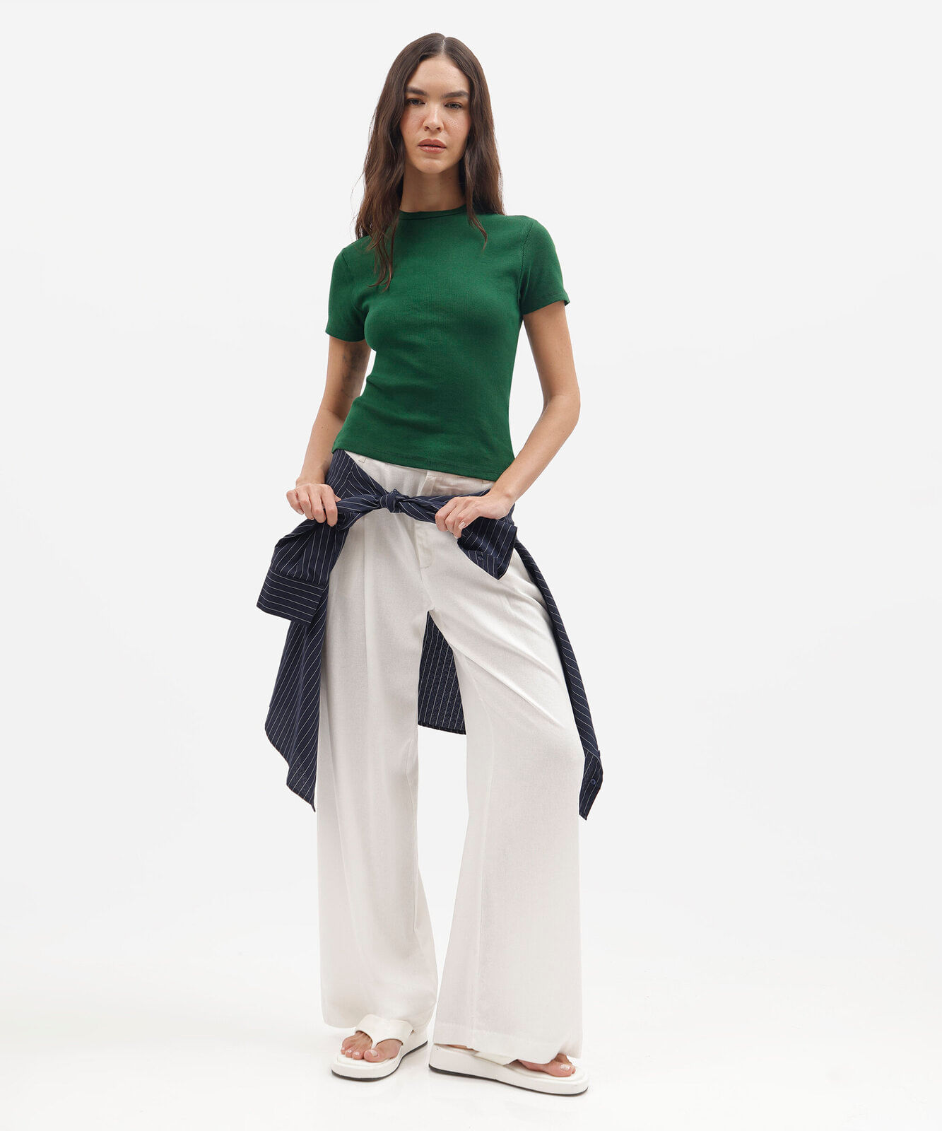 blusa feminina de algodão canelada manga curta verde