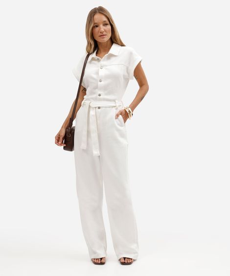 macacão feminino de sarja manga curta com faixa off white