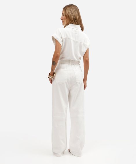 macacão feminino de sarja manga curta com faixa off white