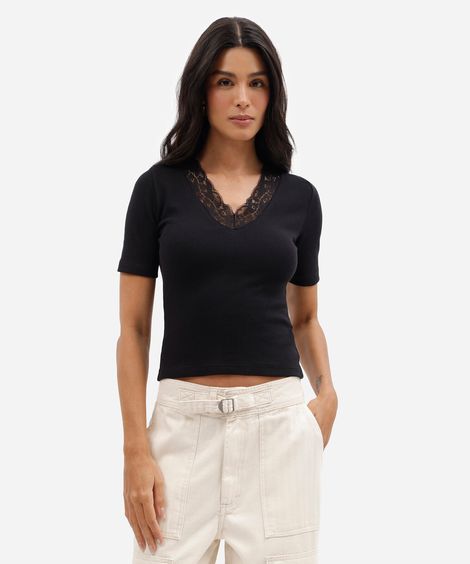 blusa feminina de algodão decote v com renda manga curta canelada preta