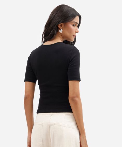blusa feminina de algodão decote v com renda manga curta canelada preta