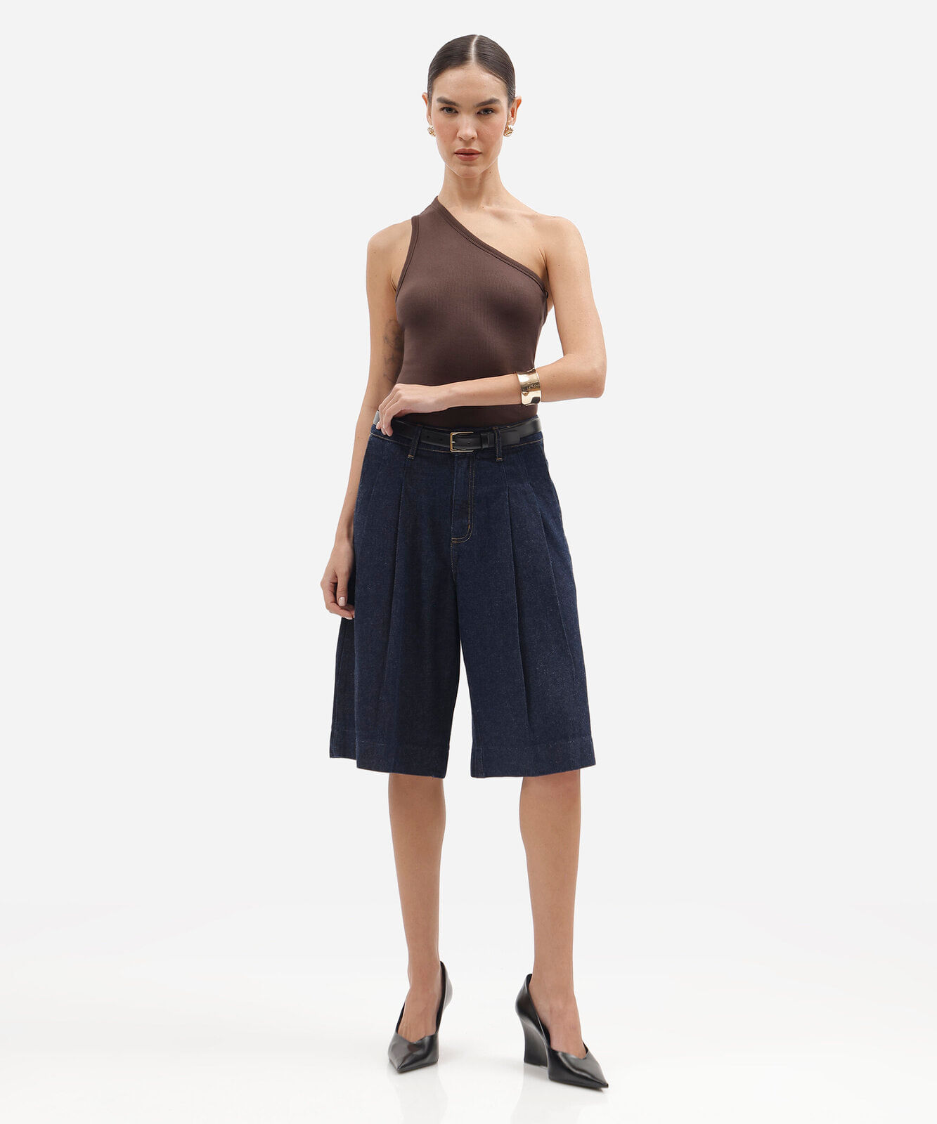 bermuda jorts feminina jeans cintura média azul