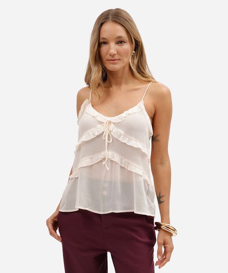 blusa feminina alça fina com babados texturizada bege