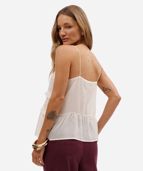 blusa feminina alça fina com babados texturizada bege