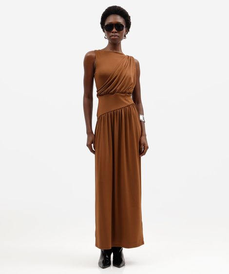 vestido longo feminino decote canoa franzido marrom