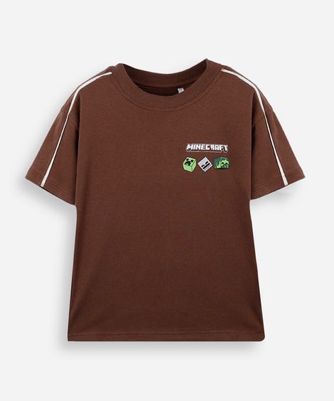 camiseta infantil de algodão manga curta com nervuras minecraft marrom