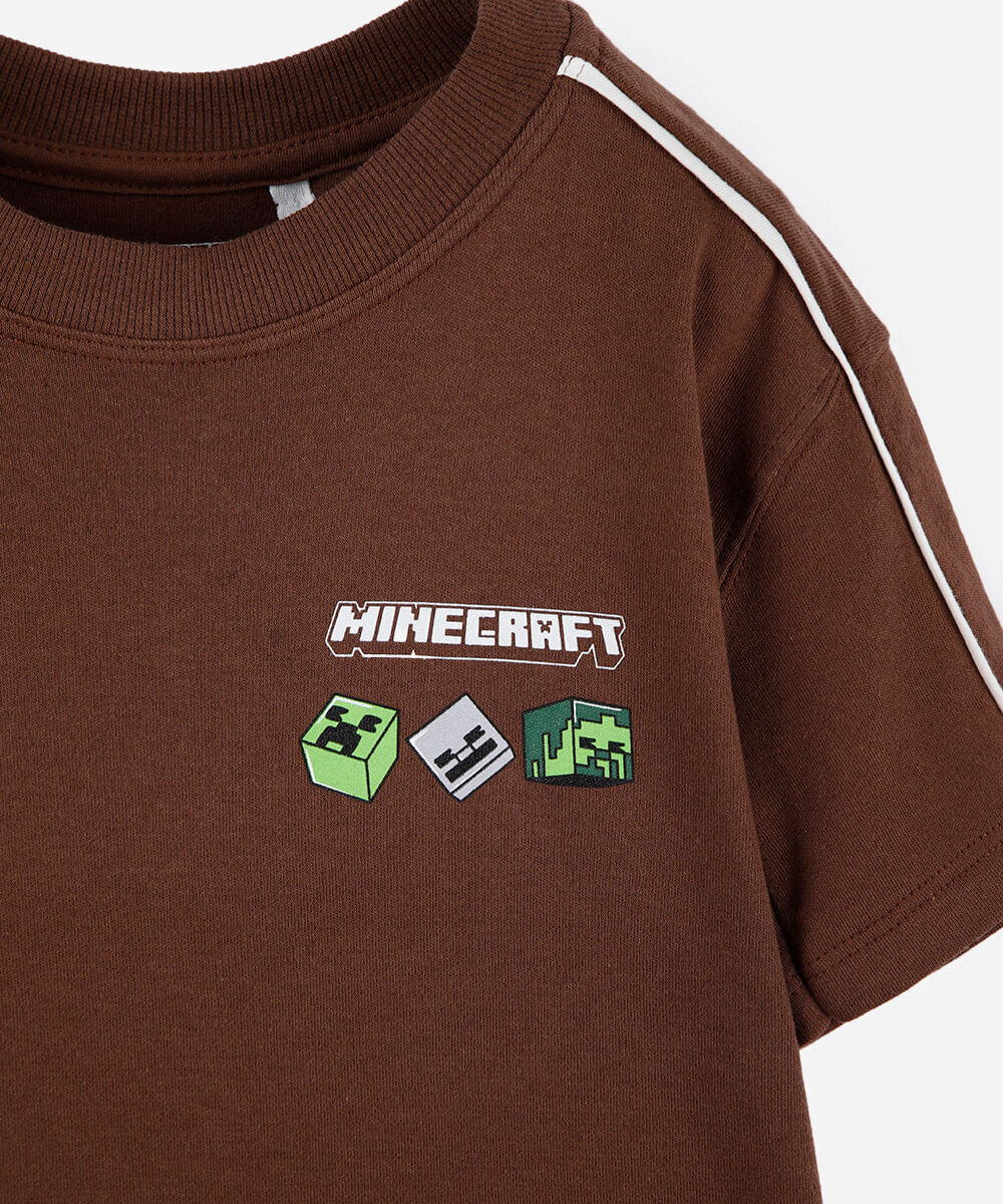 camiseta infantil de algodão manga curta com nervuras minecraft marrom