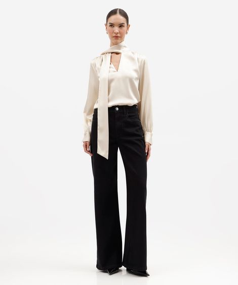 calça wide leg feminina jeans cintura alta preta