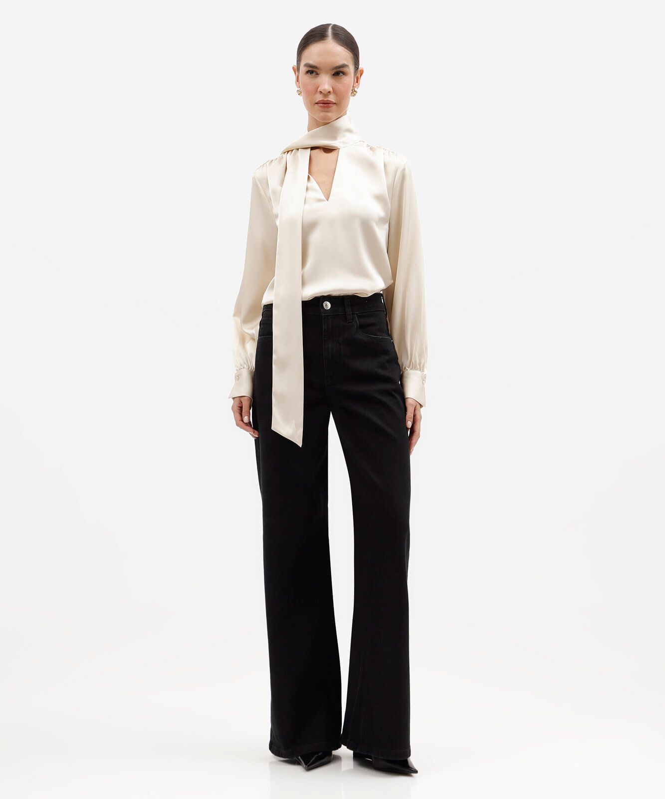 calça wide leg feminina jeans cintura alta preta