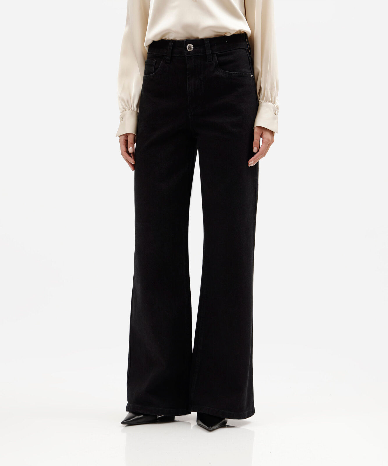 calça wide leg feminina jeans cintura alta preta