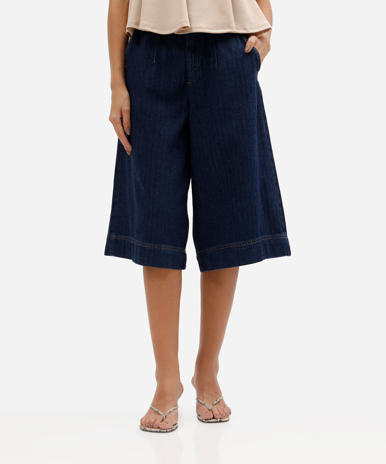 bermuda maxi jorts jeans cintura alta texturizada azul