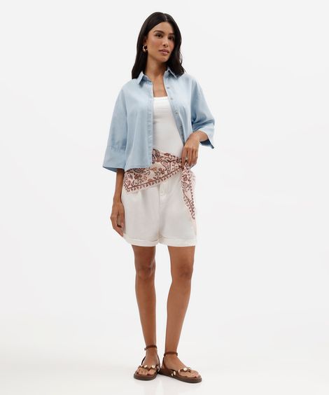 bermuda feminina de sarja cintura alta com lenço off white