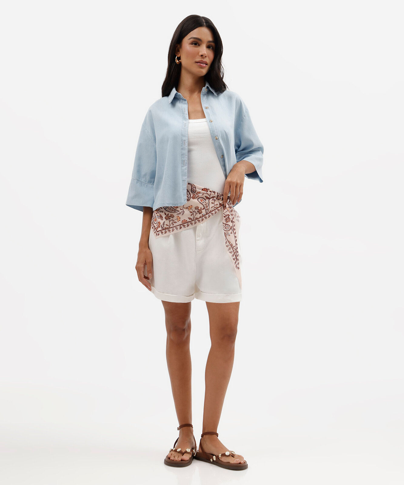 bermuda feminina de sarja cintura alta com lenço off white