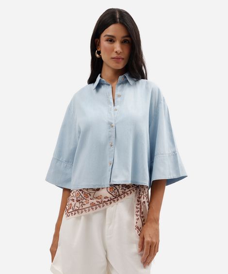 camisa oversized feminina jeans manga curta azul