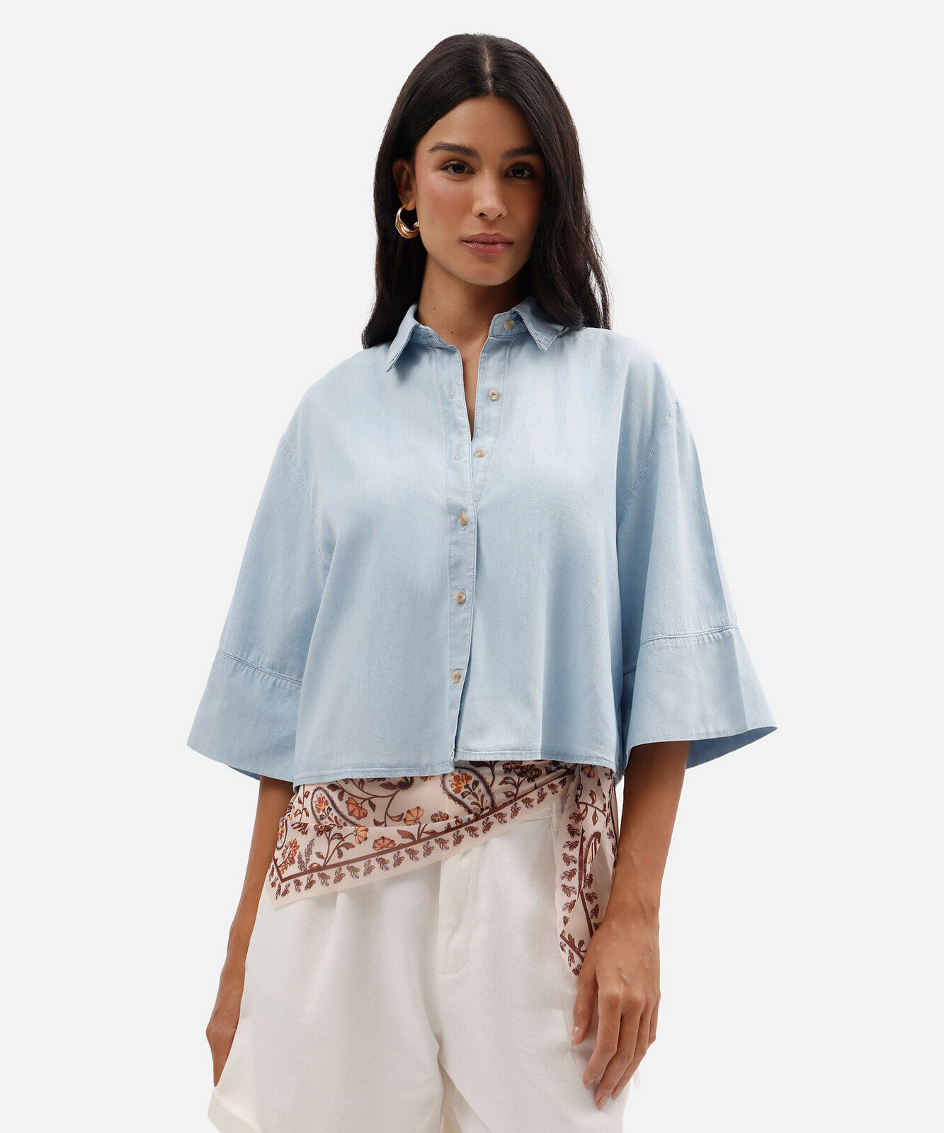 camisa oversized feminina jeans manga curta azul