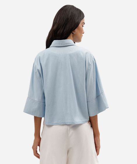 camisa oversized feminina jeans manga curta azul